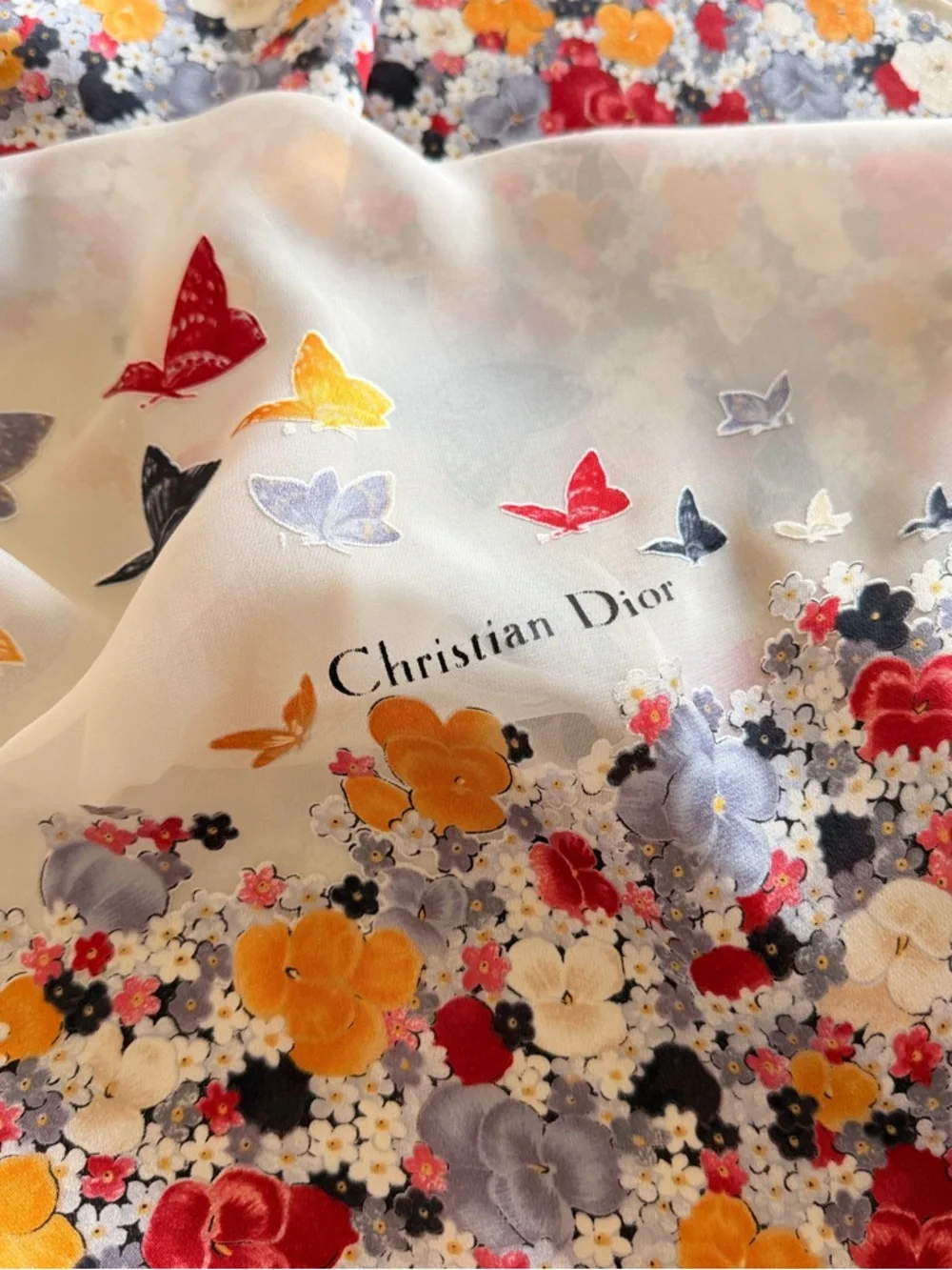 Christian Dior Sheer Silk Floral Scarf w/ Appliqué Border
